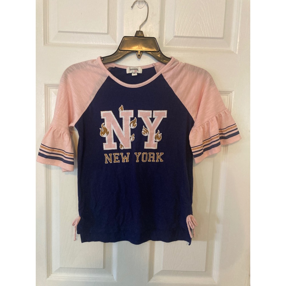 Speechless Kids Girls Navy Blue Pink NY New York Ruffle Sleeve Graphic Top M 7/8